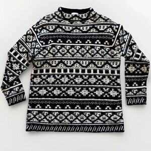 J Jill Sweater Top Sz M Cozy Wool Blend Black White Jacquard Pullover Knit Boho